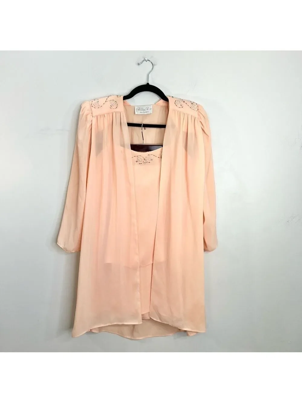 Vintage 80s union made beaded peach chiffon open jacket cami skirt set suit 16 - Picture 5 of 17